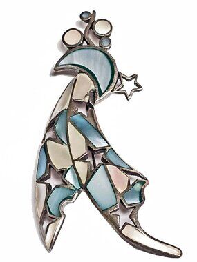 Sterling Silver Inlaid Mother of Pear Shell Crescent Moon & Stars Pin Brooch NEW